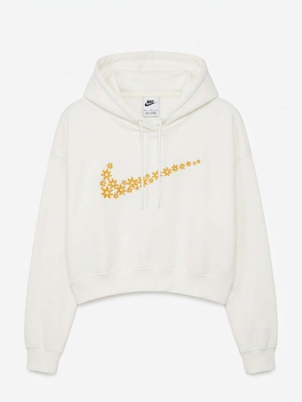 Nike Floral Swoosh Cropped Hoodie Size S White Yellow Daisy Embroidered